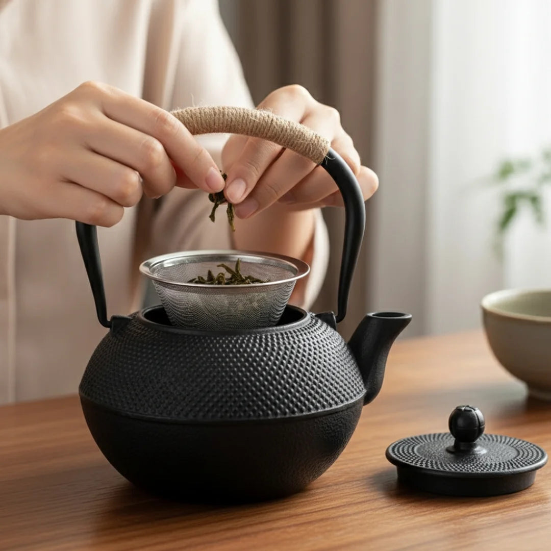 Geste de préparation du thé avec une théière en fonte japonaise, montrant des feuilles de thé déposées dans un filtre métallique.