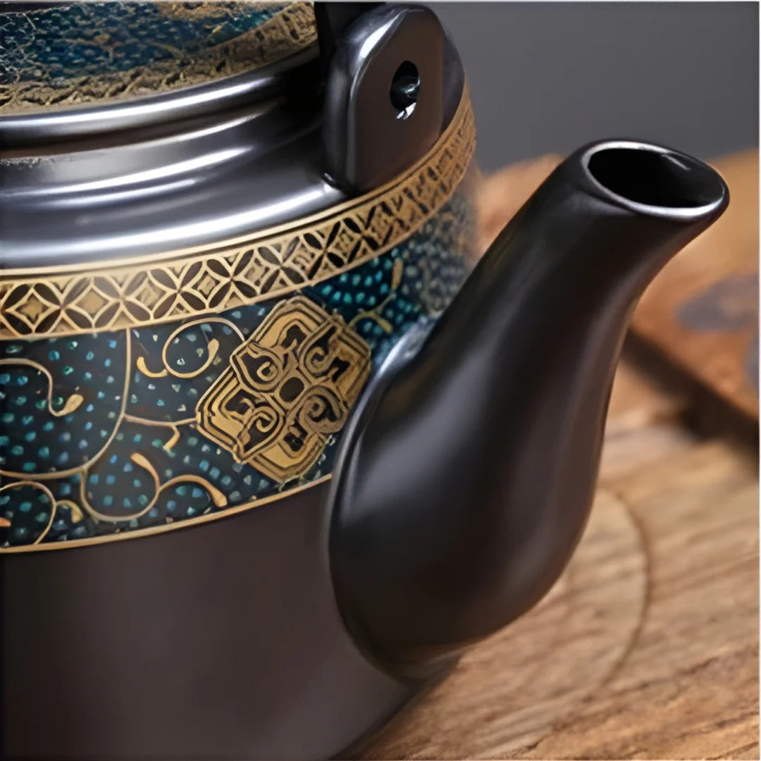 Gros plan sur le bec verseur d’une théière japonaise en métal noir avec décor doré.