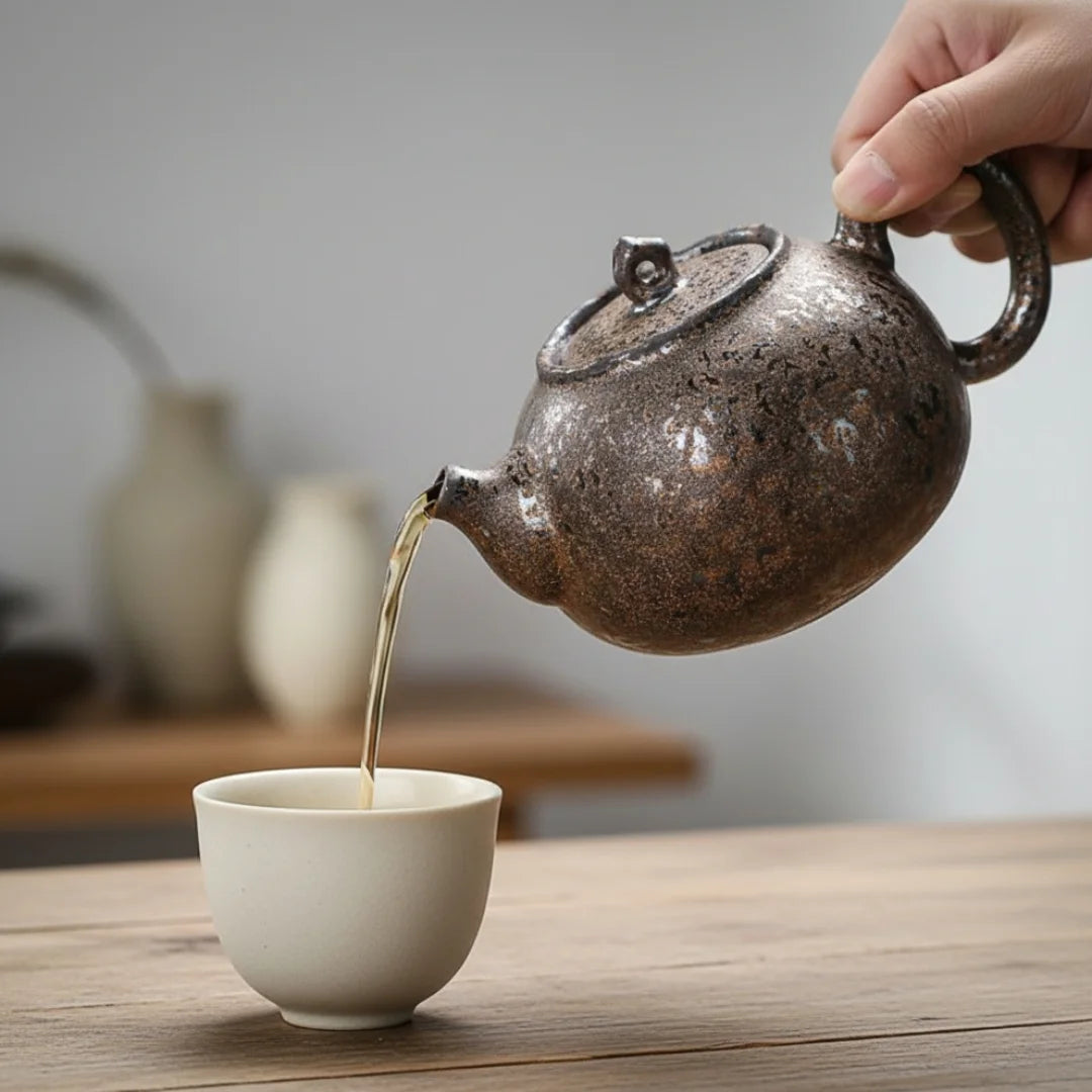 Main versant le thé depuis une petite théière japonaise en céramique sombre dans une tasse blanche, sur une table en bois.